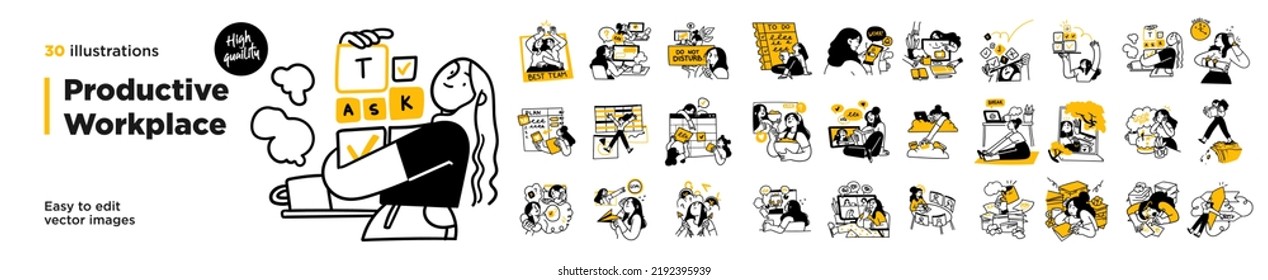 Productive Workflow Organization - Concept illustrations. Collection of scenes with people organizing and improving their workflow and workplace. Vector illustration - Shutterstock ID 2192395939