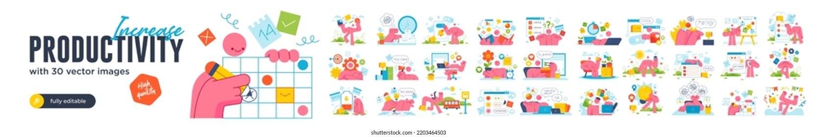 Productive Workflow Organization - Concept illustrations. Collection of scenes with people organizing and improving their workflow and workplace. Vector illustration