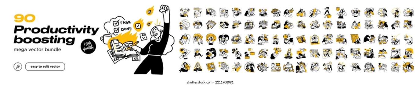 Productive Workflow Organization - Concept illustrations. Collection of scenes with people organizing and improving their workflow and workplace - Shutterstock ID 2211908991