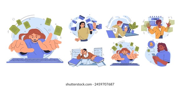 Productive workflow organization concept. Scenes showing people organizing workflow managing tasks, with dynamic backgrounds. Set of modern flat vector illustrations isolated on white background