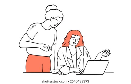 Productive Workflow Organization. Scenes with people organizing and improving their workflow and workplace. Vector illustration of two female employees discussing project or tasks at office on laptop.
