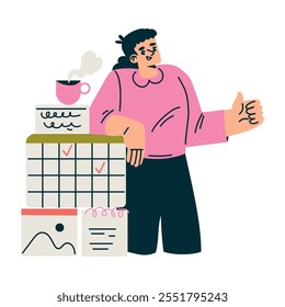 Productive Workflow with Woman at Calendar Show Thumb Up Managing Task Vector Illustration