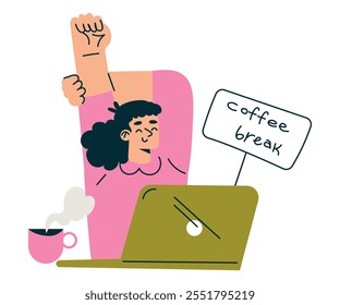 Fluxo de trabalho produtivo com a mulher no notebook têm ruptura com a ilustração do vetor de café