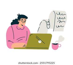 Productive Workflow with Woman at Laptop Managing Task Vector Illustration