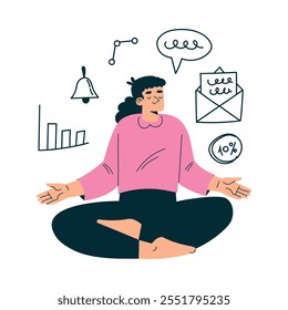 Productive Workflow with Woman Sit in Meditation Pose Managing Task Vector Illustration