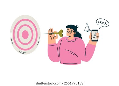Productive Workflow with Woman Target at Dartboard Managing Task Vector Illustration