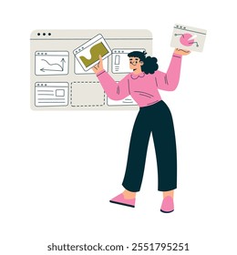 Productive Workflow with Woman with Window Screen Managing Task Vector Illustration