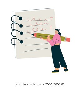 Productive Workflow with Woman Write in Notepad with Pencil Managing Task Vector Illustration