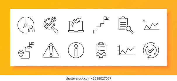 Icono de conjunto de productividad y logros. Administración de tiempo, comprobación de análisis, gráfico de crecimiento, hito, lista de tareas, línea de tendencia, mapa con indicador, advertencia, información, calificación, gráfico de progreso, comprobación de ciclo