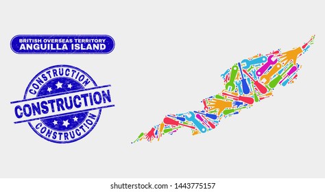 Productivity Anguilla Island map and blue Construction distress seal. Colored vector Anguilla Island map mosaic of mechanic components. Blue rounded Construction seal.