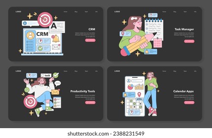 Productivity Apps set. Visualize CRM solutions and task management. User juggles tasks, plans with calendar tools. Work efficiency, time management. Flat vector illustration.