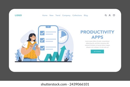 Productivity Apps web or landing page. Embracing mobile technology for task management and efficiency. Growth tracking with smart applications. Flat vector illustration.