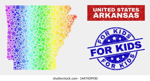 Productivity Arkansas State map and blue For Kids scratched seal stamp. Colorful gradiented vector Arkansas State map mosaic of equipment items. Blue round For Kids seal.
