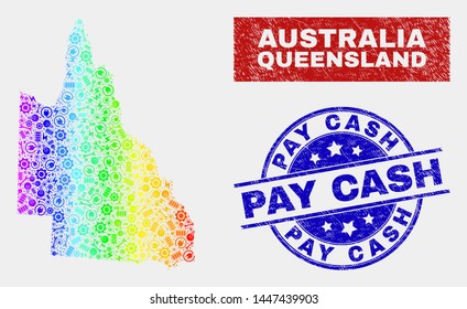Productivity Australian Queensland map and blue Pay Cash textured seal stamp. Spectrum gradiented vector Australian Queensland map mosaic of productivity components. Blue rounded Pay Cash stamp.