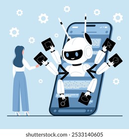 Productividad y automatización del asistente de chatbot. Mujer minúscula que trabaja con el robot multitasking en la pantalla del smartphone, bot con muchas manos que sostienen el documento y la carpeta, Ilustración vectorial de dibujos animados del cursor