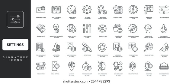Productivity, automation process, gears of mechanism thin black symbols vector illustration. Settings of system, app and software, operation control panel and setup, modification line icon set.