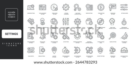 Productivity, automation process, gears of mechanism thin black symbols vector illustration. Settings of system, app and software, operation control panel and setup, modification line icon set.