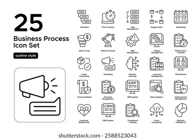 Productivity and Automation Tools. Task Management, AI Assistance, and Digital Business. Vector Illustration. Outline icon set