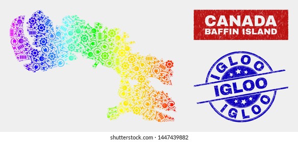 Productivity Baffin Island map and blue Igloo scratched seal. Rainbow colored gradiented vector Baffin Island map mosaic of engineering items. Blue round Igloo seal.