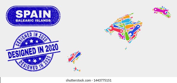 Productivity Balearic Islands map and blue Designed in 2020 grunge seal stamp. Colored vector Balearic Islands map mosaic of service. Blue round Designed in 2020 imprint.