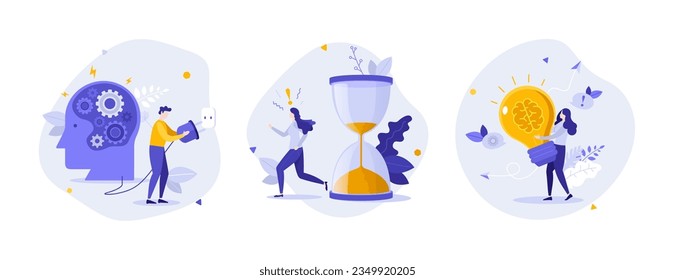 Productivity boost, deadline and creative idea illustration set. Mindset improvement with innovative ideas cartoon concepts for web design. Creative idea for website, mobile, presentation