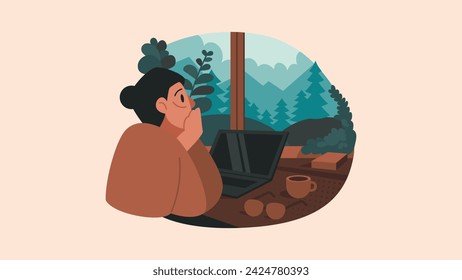 Impulso de la productividad, escritorio de trabajo remoto con una hermosa vista de la naturaleza ilustración vectorial plana