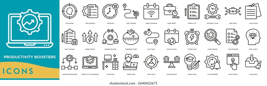 Productivity Boosters icon set. Focus Mode, Task Manager, Time Block, Goal Tracker, Smart Calendar, Work Sprint, Priority List and Efficiency Tools