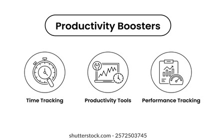 Productivity Boosters icon set. Includes Time Tracking, Productivity Tools, and Performance Tracking icons. Vector icon set