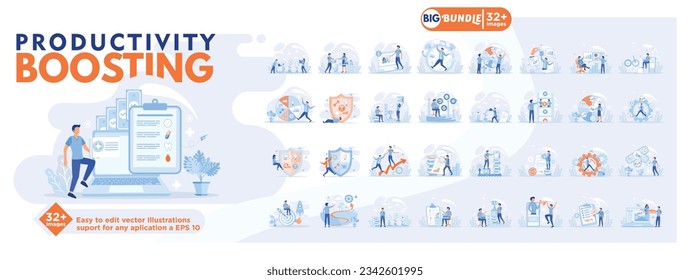 Productivity boosting concept illustration, collection of male and female business people scenes in the productivity boosting scene. mega set flat vector modern illustration