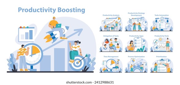 Conjunto de aumento de la productividad. Técnicas eficaces de optimización del flujo de trabajo. Dinámica del trabajo en equipo, planificación inteligente. Mejora de la eficiencia con la tecnología. Ilustración vectorial plana.