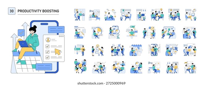 Die Vektorgrafik zur Produktivitätssteigerung zeigt eine Person, die selbstbewusst einen Laptop verwendet, während sie auf einem Kalender sitzt. Dieses kreative Bild symbolisiert Zeitmanagement und effiziente Planung.