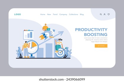 Productivity boosting web or landing page. Enhancing work pace and efficiency with smart time management and goal setting. Leveraging digital tools for performance. Flat vector illustration.