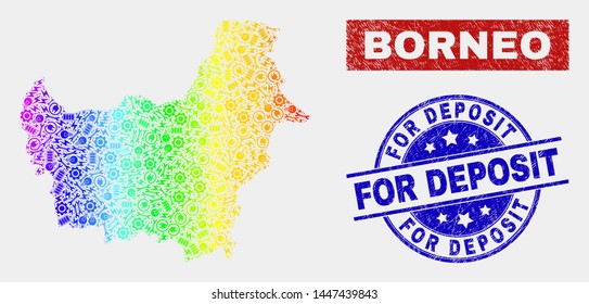 Productivity Borneo map and blue For Deposit grunge seal stamp. Spectral gradient vector Borneo map mosaic of productivity components. Blue rounded For Deposit seal.