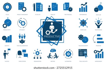 Produktivität, Unternehmenssymbol-Set. Effizienz, Workflow, Management , Growth Vector Pack, Geschäftsprozess , Performance Vector Collection. Vorgang, Teamarbeit, Projekt, Erfolgssymbole,