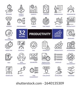 Productivity and Business Management Icon Set: 32 Professional Line Illustrations
