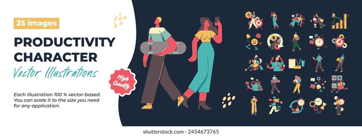 Produktivitätszeichenabbildung. Mega-Set. Produktivitäts-, Task-, Planungs-, Multitasking-, Workflow- und Teamwork-Kollektionen. Vektorillustration