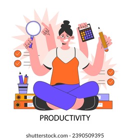 Productividad. Optimización del tiempo de trabajo de caracteres. Rendimiento del trabajo de los empleados, multitarea y eficiencia. Progreso y desarrollo profesional. Ilustración vectorial plana
