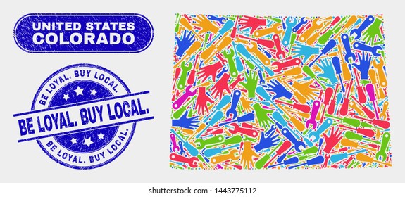 Productivity Colorado State map and blue Be Loyal. Buy Local. grunge stamp. Colored vector Colorado State map mosaic of industrial. Blue rounded Be Loyal. Buy Local. stamp.