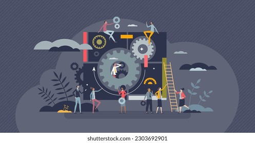 La productividad y la gestión de la eficiencia del trabajo de la empresa concepto de persona pequeña. Progreso del rendimiento con un control eficaz de tareas e ilustración vectorial de trabajo en equipo. Negocios como sistema de ruedas cognoscitivas con empleados.