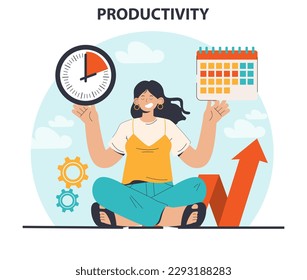 Productivity concept. Character worktime optimization. Employee job performance, multitasking and efficiency. Career progress and development. Flat vector illustration