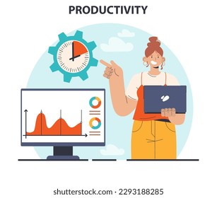 Productivity concept. Character worktime optimization. Employee job performance, multitasking and efficiency. Career progress and development. Flat vector illustration