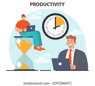 Productivity concept. Character worktime optimization. Employee job performance, multitasking and efficiency. Career progress and development. Flat vector illustration