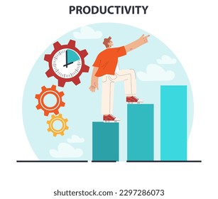 Productivity concept. Character worktime optimization. Employee job performance, multitasking and efficiency. Career progress and development. Flat vector illustration