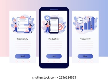 Productivity concept. Discipline, time management, employee performance and self-organization. Effective job planning. Screen template for mobile, smartphone app. Modern flat cartoon style. Vector 