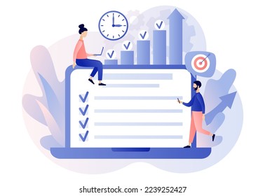 Productivity concept. Discipline, time management, employee performance and self-organization. Effective job planning online. Modern flat cartoon style. Vector illustration on white background
