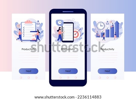 Productivity concept. Discipline, time management, employee performance and self-organization. Effective job planning. Screen template for mobile, smartphone app. Modern flat cartoon style. Vector 