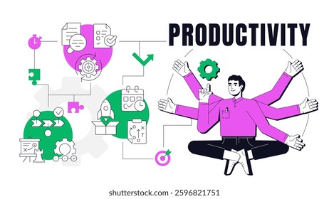 Productivity concept illustration. Personal efficiency, performance. Worker, employee. Business workflow, corporate. Text banner with flat vector character, colorful line icons. Visual communication