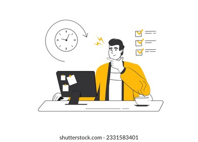 Productivity concept with people scene in the flat cartoon style. The employee is satisfied with his productivity because he completed many tasks. Vector illustration.