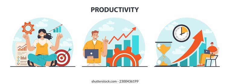 Productivity concept set. Character worktime optimization. Employee job performance, multitasking and efficiency. Career progress and development. Flat vector illustration