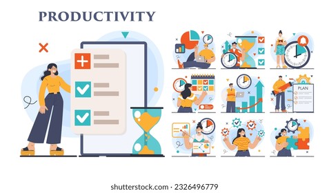 Productivity concept set. Character worktime optimization. Employee job performance, multitasking and efficiency. Career progress and development. Flat vector illustration